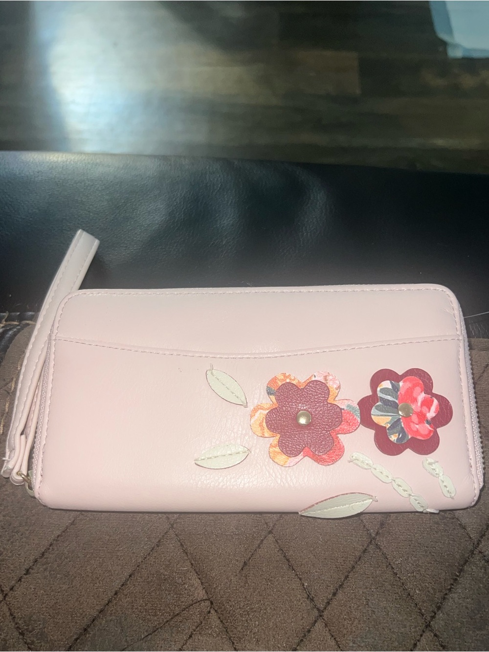 Blush Pink Leatherette Floral Applique Zip Around Wristlet Wallet